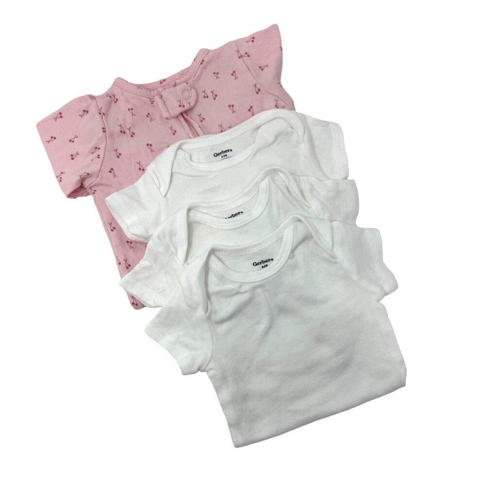 Baby Girl's - Pink Sleeper, and 3 White Gerber Onesies -‎ Size 0-3 Month
